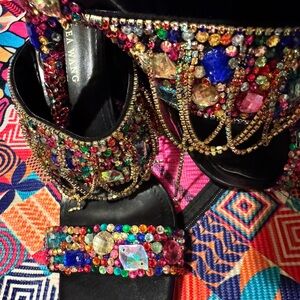 Vera Wang Black and Multicolor Embellished Sandals